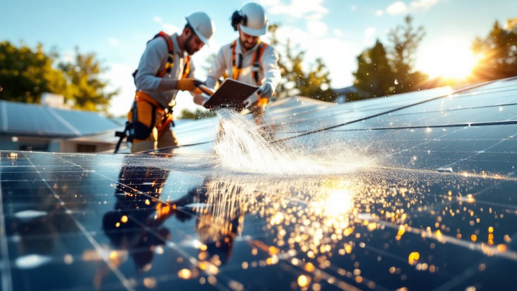 Professional solar panel cleaning in progress