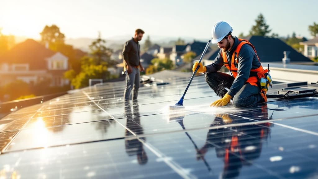 Technician inspecting solar panels on a rooftop