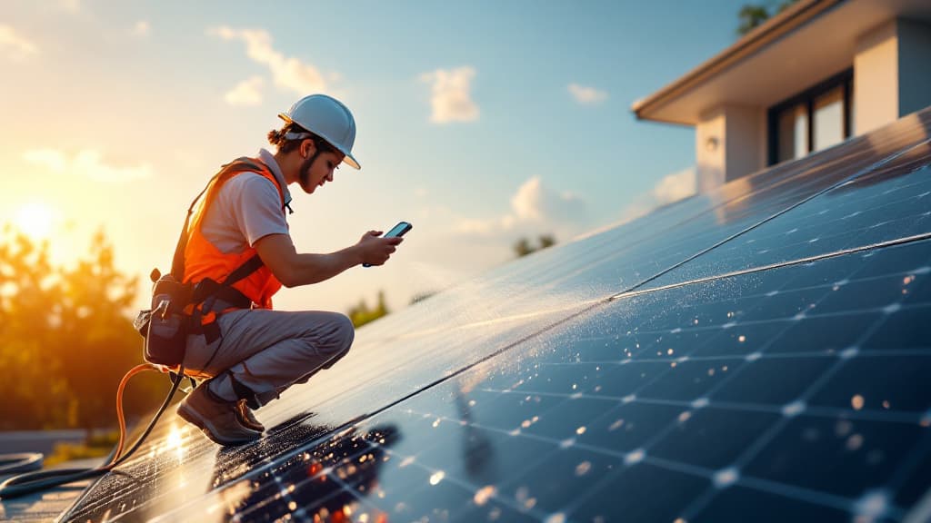 Solar panel array being inspected by a technician